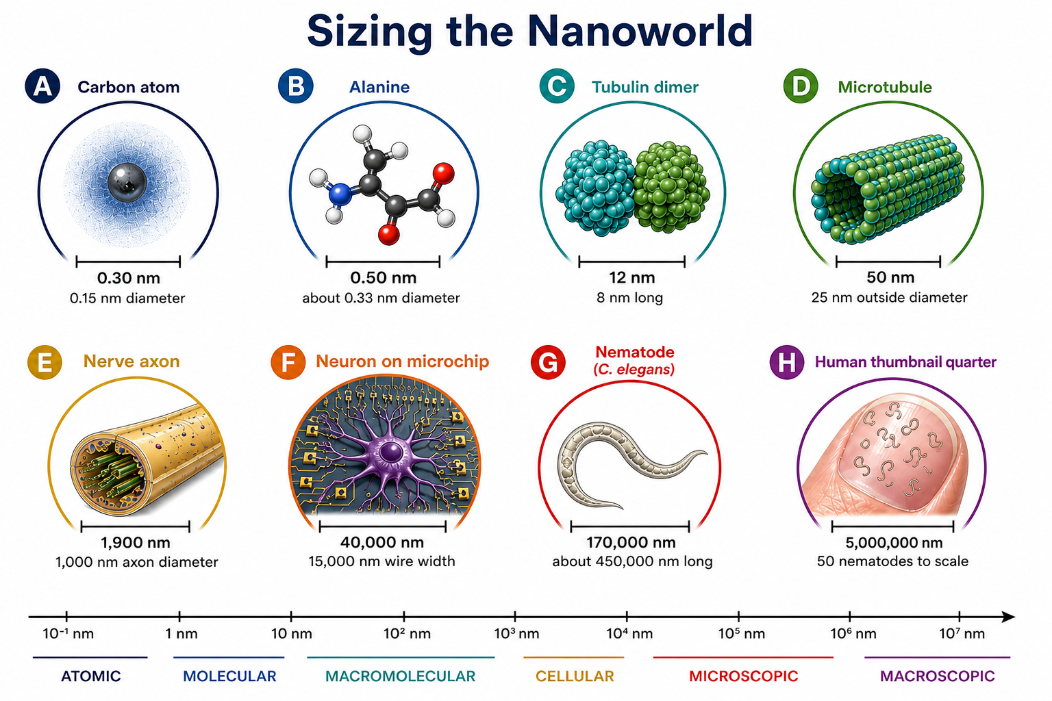Modern concise infographic companion for Figure 1.1, Sizing the Nanoworld
