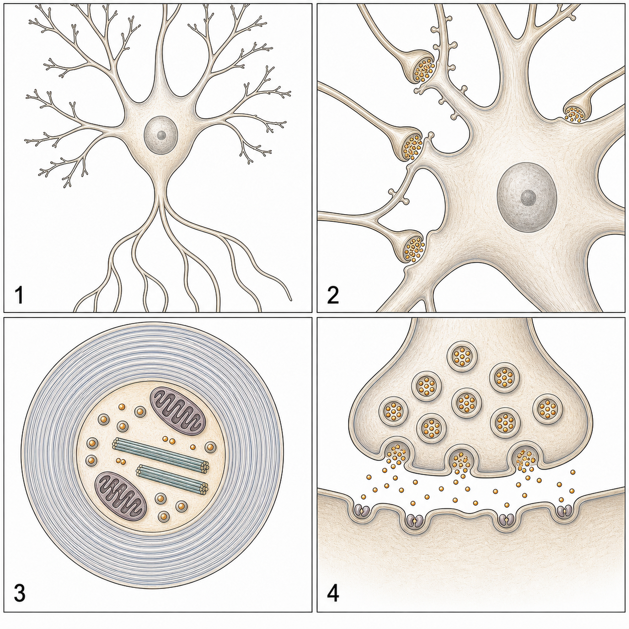 Modern four-panel companion diagram for Figure 4.1 showing neuronal organization and synaptic structure