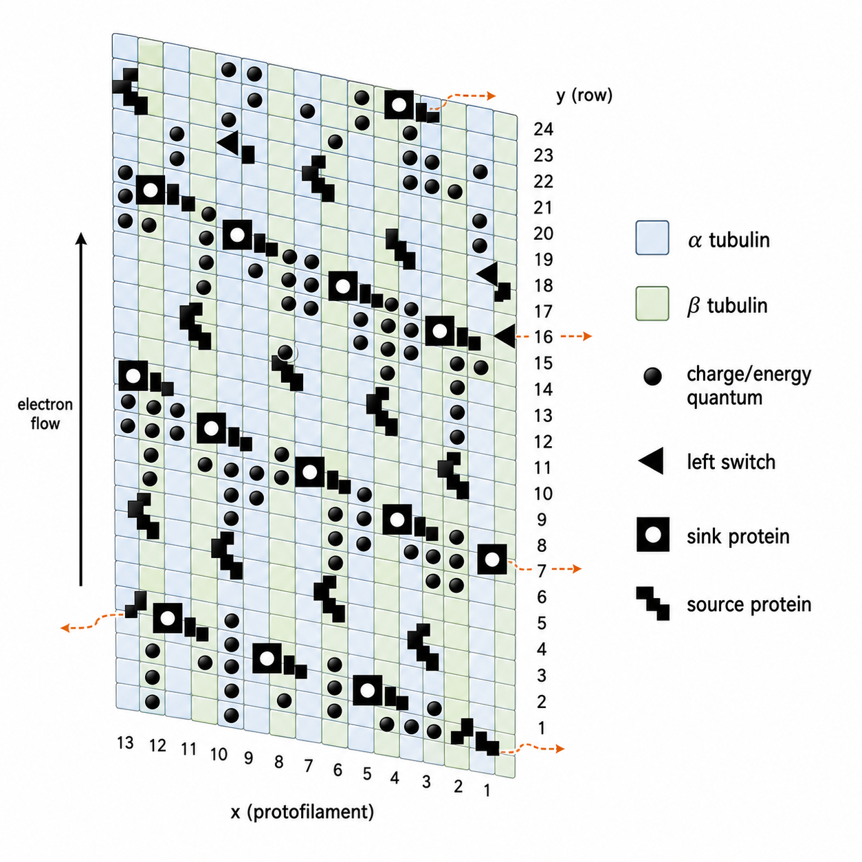 Modern companion diagram for Figure 8.9 showing a Boolean switching matrix in a microtubule lattice
